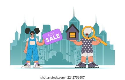 The concept of owning a home. The team of an attractive realtor is selling a house.