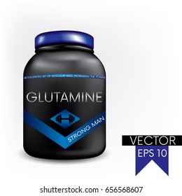 The concept of packaging, cans and labels of sports nutritional supplements. Vector illustration. Sport beauty and health. Body-building. Glutamine.