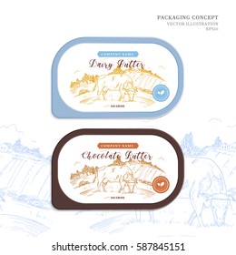 Concept for packaging design for dairy and chocolate butter. Vector template with scene of rustic landscape with cow and meadows in woodcut style.