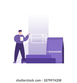 a concept packaging designer or product designer. illustration of a man trying to make a box packaging design for his product. flat style. vector elements
