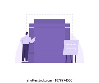 a concept packaging designer or product designer. illustration of a man trying to make a box packaging design for his product. flat style. vector elements