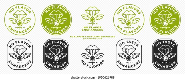 Concept for packaging. Labeling - no flavor enhancers. The mouth icon with wings and a drop of additive is a symbol of freedom from flavorings and a flavor enhancer. Vector.