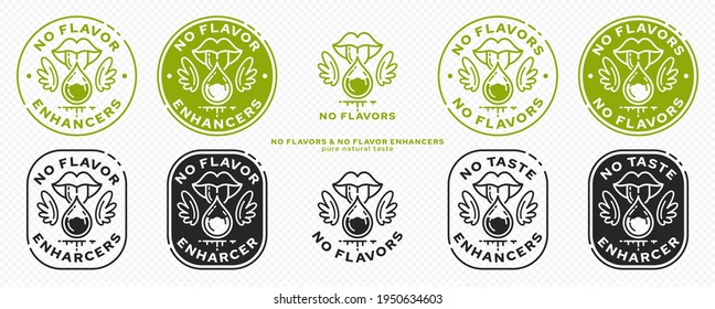 Concept for packaging. Labeling - no flavor enhancers. The mouth icon with wings and a drop of additive is a symbol of freedom from flavorings and a flavor enhancer. Vector.