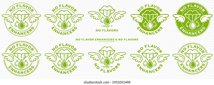 Concept for packaging. Labeling - no flavor enhancers. The mouth icon with wings and a drop of additive is a symbol of freedom from flavorings and a flavor enhancer. Vector.