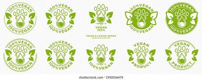 Concept for packaging. Labeling - Vegan. Animal paw icon with drop of ingredient with winged leaves is a symbol of vegan products. Vector.