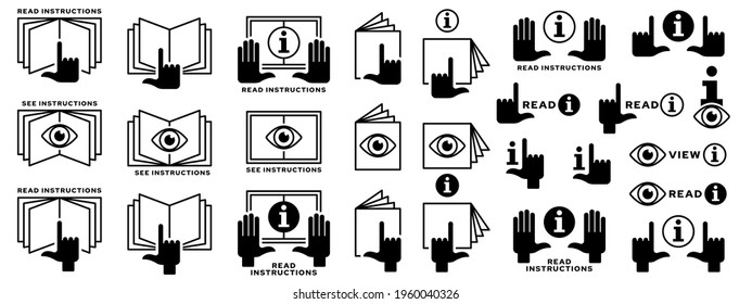 Concept for packaging. Marking - additional information on products for familiarization before starting to use. Symbol - read the insert instructions. Instruction icon with gesture and eye. Vector.