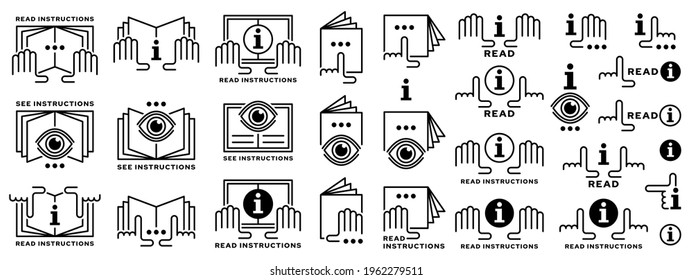 Concept for packaging. Marking - additional information on products for familiarization before starting to use. Symbol - read the insert instructions. Instruction icon with gesture and eye. Vector.