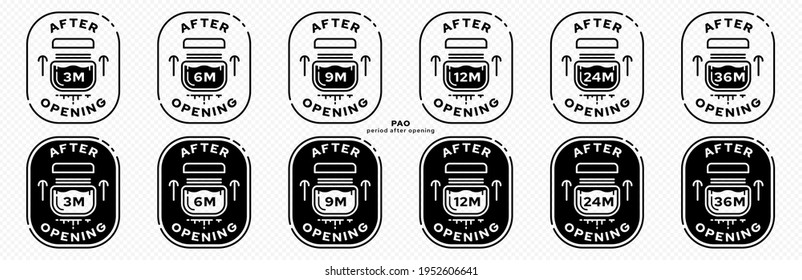  Concept for packaging. Marking is the storage period after opening. Icon of an open cosmetic bottle with an indicator of the number of months of storage. Vector.