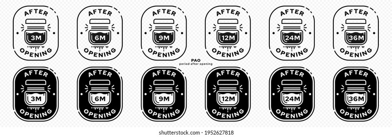  Concept for packaging. Marking is the storage period after opening. Icon of an open cosmetic bottle with an indicator of the number of months of storage. Vector.