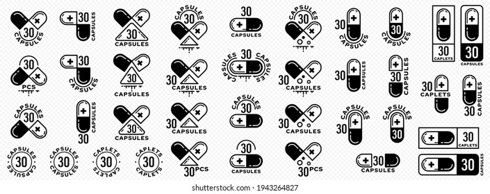 Concept for packaging of medical or pharmaceutical products. Marking - the number of capsules. Capsule icon with a cross, medication and a numerical indication of the number of capsules. Vector