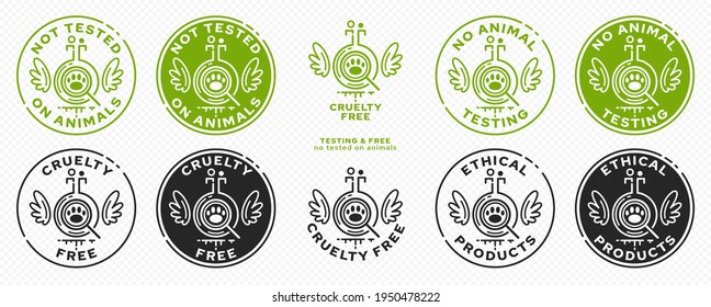 Concept for packaging. Scientific research flask icon, with a search magnifier for animal footprints in products. The sign with wings is a symbol of freedom from animal testing. Vector