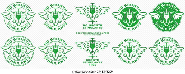 Concept for packaging. Without growth stimulants.A stamp with wings and a syringe with a hormonal drug and a molecule - as a symbol of freedom from injection and artificial growth of a molecule.Vector