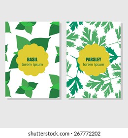Concept for packing design. Set seamless hand drawn patterns with different aromatic herbs and spices. 