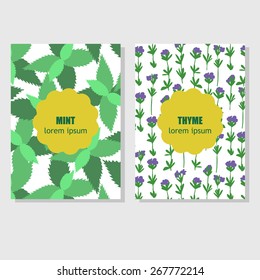 Concept for packing design. Set seamless hand drawn patterns with different aromatic herbs and spices. 