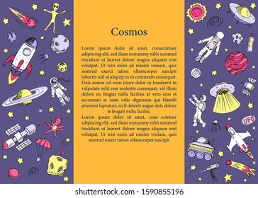 Concept page about cosmos. Hand drawn space objects: alien, astronaut, spaceship, satellites, universe, rockets, planets, spaceman, stars, comets, ufo. Cartoon vector Childrens illustration