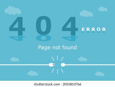 Concept page lost connection on internet with text 404 Error page not found on blue background flat vector design.