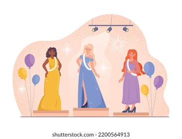 Concept Of Pageant. Beautiful Young Girls In Dresses Stand On Stage. Beauty Contest, Aesthetics And Elegance. Discotheque Or Party, Luxury Show. Poster Or Banner. Cartoon Flat Vector Illustration