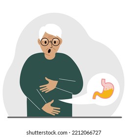 The Concept Of Pain In The Abdomen. The Old Man Holds His Stomach With Both Hands. Problems With The Stomach Or Digestion. Vector Flat Illustration