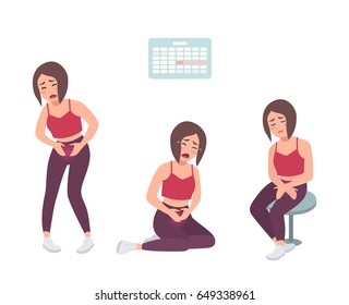 Concept of painful menstruation. Woman feel uncomfortable, suffers with stomach ache. Colorful vector illustration in cartoon style. 	