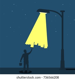 Concept of a painter who paints the glow of the street light at night. Vector illustration	