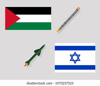 Concept Of Palestine And Israel Firing Missiles On Each Other. Conflict In The Middle East. Stop The War. Vector Illustration Eps 10.