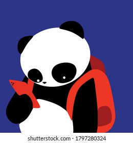 The concept of a Panda with a red backpack holds a red phone and looks at the screen. Vector illustration on a blue 