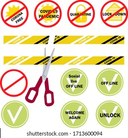 Concept of pandemic ending vector set. forbidding sign, scissors cutting the tape. Permission sign, check mark. Inscriptions: corona free, pandemic, quarantine, unlock, covid-19, off line, welcome