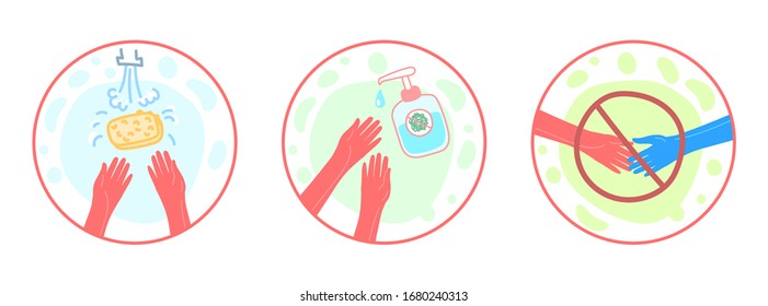 Concept of pandemic and virus spread. Safety icons. Washing hands with soap, use a disinfector, handshakes are prohibited. Stop 2019-nCoV Novel Corona virus. Vector illustration.