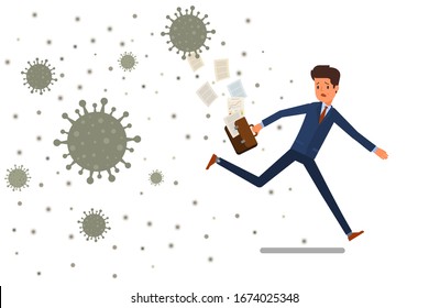 Concept of panic. A man runs away from a virus. 2019-nCoV Novel Corona virus. Vector illustration.