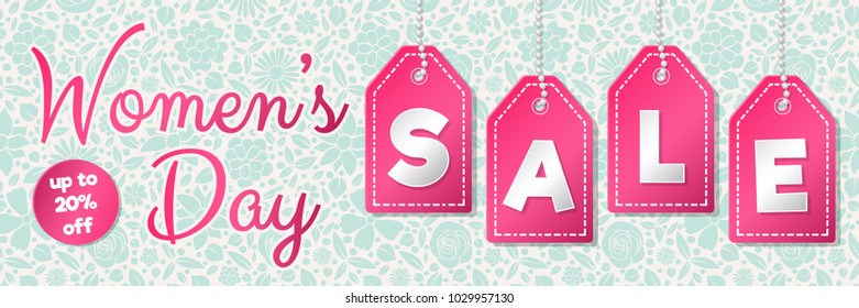 Concept of a panoramic banner with floral texture for Women's Day Sale. Vector.