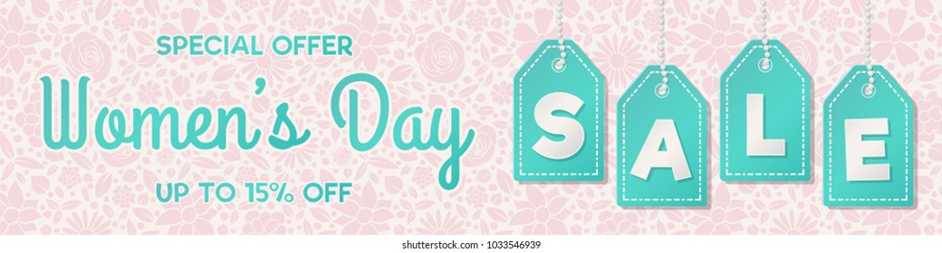 Concept of a panoramic banner with floral texture for Women's Day Sale. Vector.