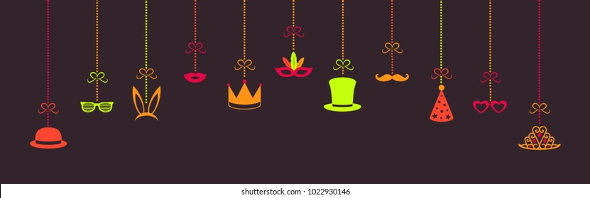 Concept of a panoramic banner with funny party elements. Decoration for carnival, party, birthday and photobooth. Vector.