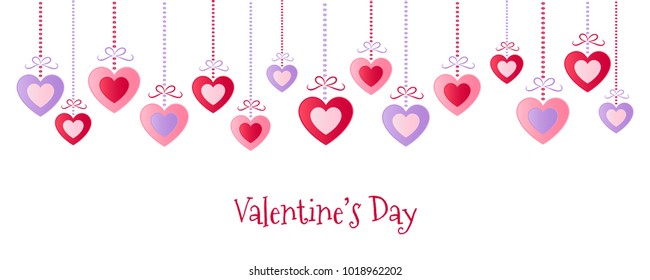Concept of panoramic header with hanging paper cut hearts for Valentin'e Day.  Vector.