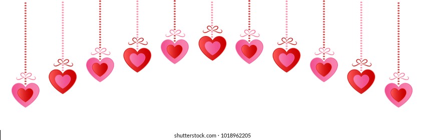 Concept of panoramic header with hanging paper cut hearts. Valentine's Day, Mother's Day or Women's Day. Vector.