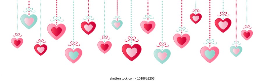Concept of panoramic header with hanging paper cut hearts. Valentine's Day, Mother's Day or Women's Day. Vector.