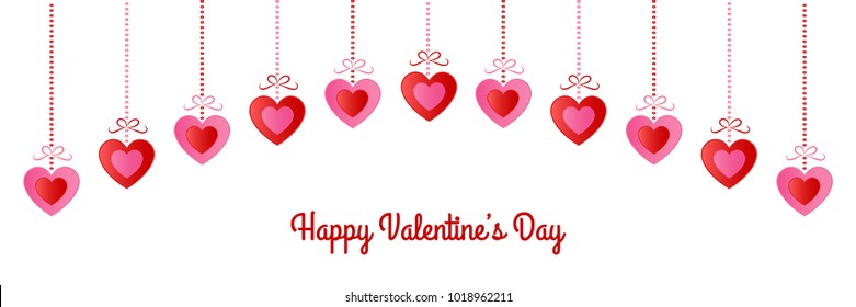 Concept of panoramic header with hanging paper cut hearts for Valentin'e Day.  Vector.