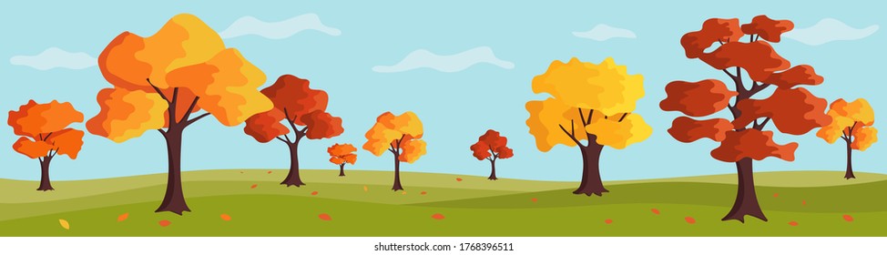 The concept of the panoramic landscape of the autumn park. Horizontal banner for the site. Red and yellow trees in the fall with fallen foliage. Vector illustration in flat cartoon style.