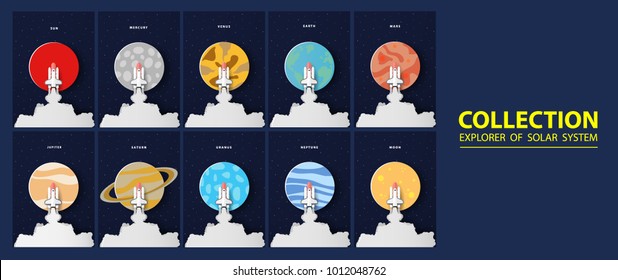 Concept Paper art Set Collection Survey Rocket Solar System star Galaxy minimalism have rocket,sun,moon,earth,mercury,venus,mars,jupiter,saturn,uranus,neptune design vector illustration