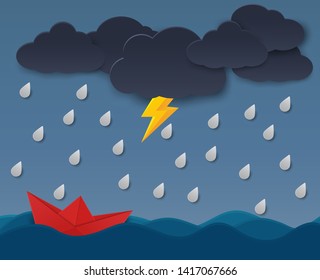 The concept of paper boats facing obstacles from rain clouds.
