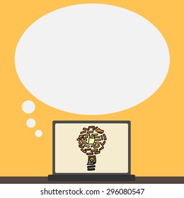 Concept paper light bulb metaphor for good idea in laptop with balloon.