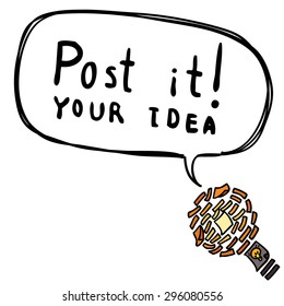 Concept paper light bulb metaphor for good idea with balloon and text.