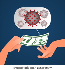 Concept Of Paper Money Contaminated By Coronavirus, Human Hand Holds Banknote. On Blue Gradient Background, Flat Vector Illustration.