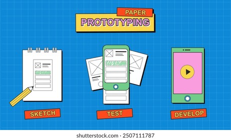 Das Konzept des Paper Prototyping in UX UI Design Methodik demonstriert den Skizzierungs-, Prototyping- und Testprozess im Neubrutalismus-Stil.