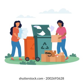 Concepto de reciclado de residuos de papel. Las mujeres clasifican trozos de papel y cajas de cartón en cubos especiales de basura. Cuidando el medio ambiente. La caricatura es una ilustración vectorial plana sobre un fondo blanco