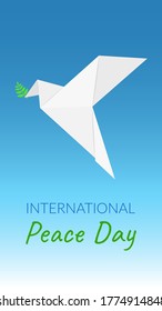 The concept of a paper white dove, with an olive branch in its beak, international peace day. Vector banner with sky blue gradient background. For web, printing, posting on social networks.