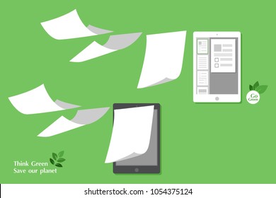 concept of paperless go green, save the planet, earth, trees, leaf, documents turned into digital big data, business device, tablet, screen display, future technology, flat design vector illustration.