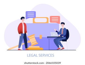 Concept Of Paralegal Services. Man Came To Office Of Lawyer. Character Hires Notary. Legal Aid, Metaphor Of Justice. Attorney Assistant, Forensic Accounting. Cartoon Flat Vector Illustration