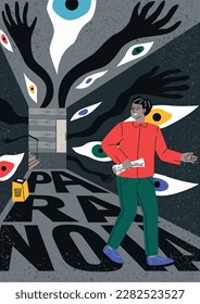 Concept of paranoia. Man with sheet of paper in hand walks along dark letter and looks back at silhouettes of hands and eyes. Mental and psychological problems. Cartoon flat vector illustration