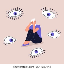 Concept of paranoia, persecution mania, phobias and mental disorders. A frightened girl sits and holds her head with her hands. The eyes look at the girl from all sides. Vector. Eps 10.