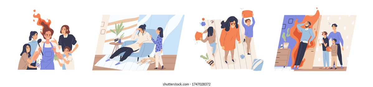 Concept of parental burnout. Collection of scenes with exhausted, tired, unhappy parents and children seeking attention. Family communication problems. Vector illustration in flat cartoon style.